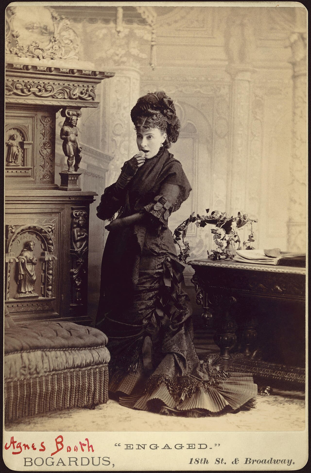 Agnes Booth in W. S. Gilbert's Engaged 1879 wallpaper in near-black and sand tones, Full HD, 3:4 format for phone