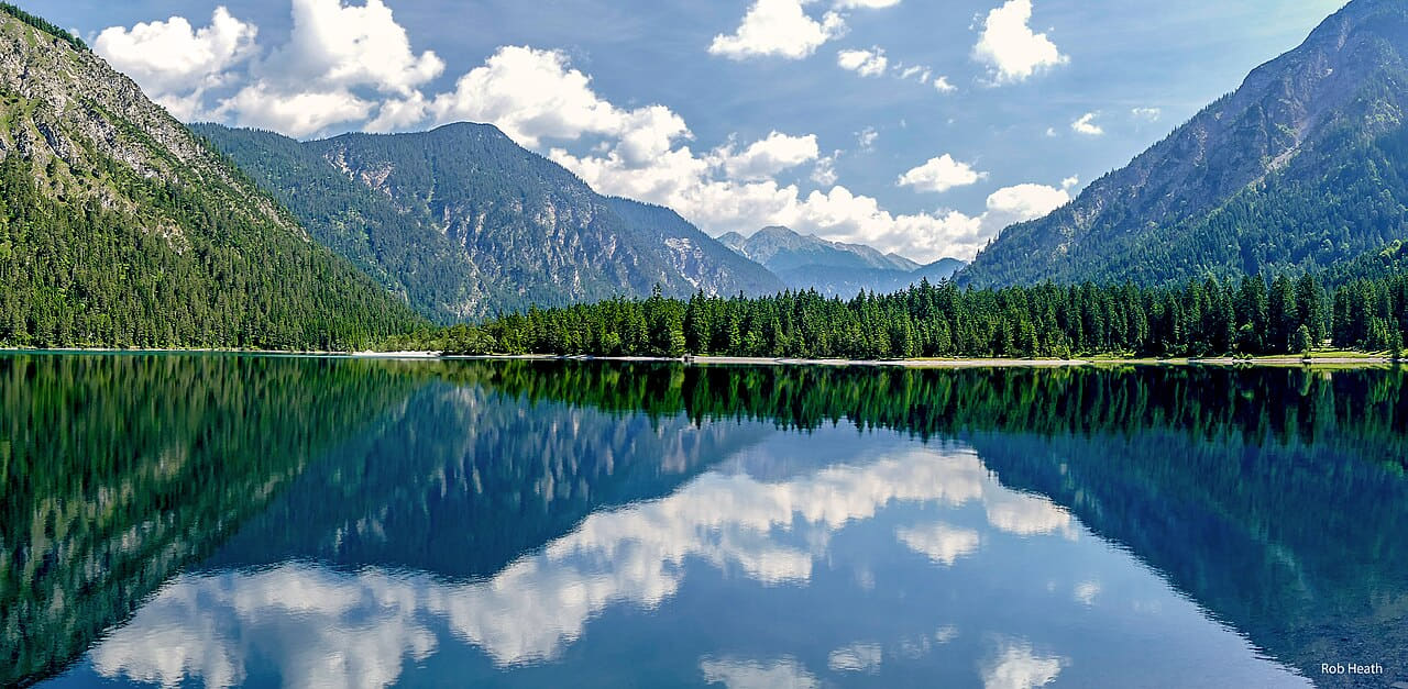 Alpine Lake wallpaper in sage green and deep green tones, Full HD, 21:9 format for desktop