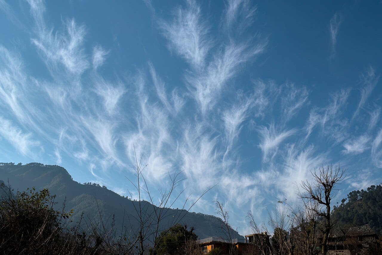 Cirrus uncinus clouds in the morning sky wallpaper in sage green and steel blue tones, Full HD, 4:3 format for phone