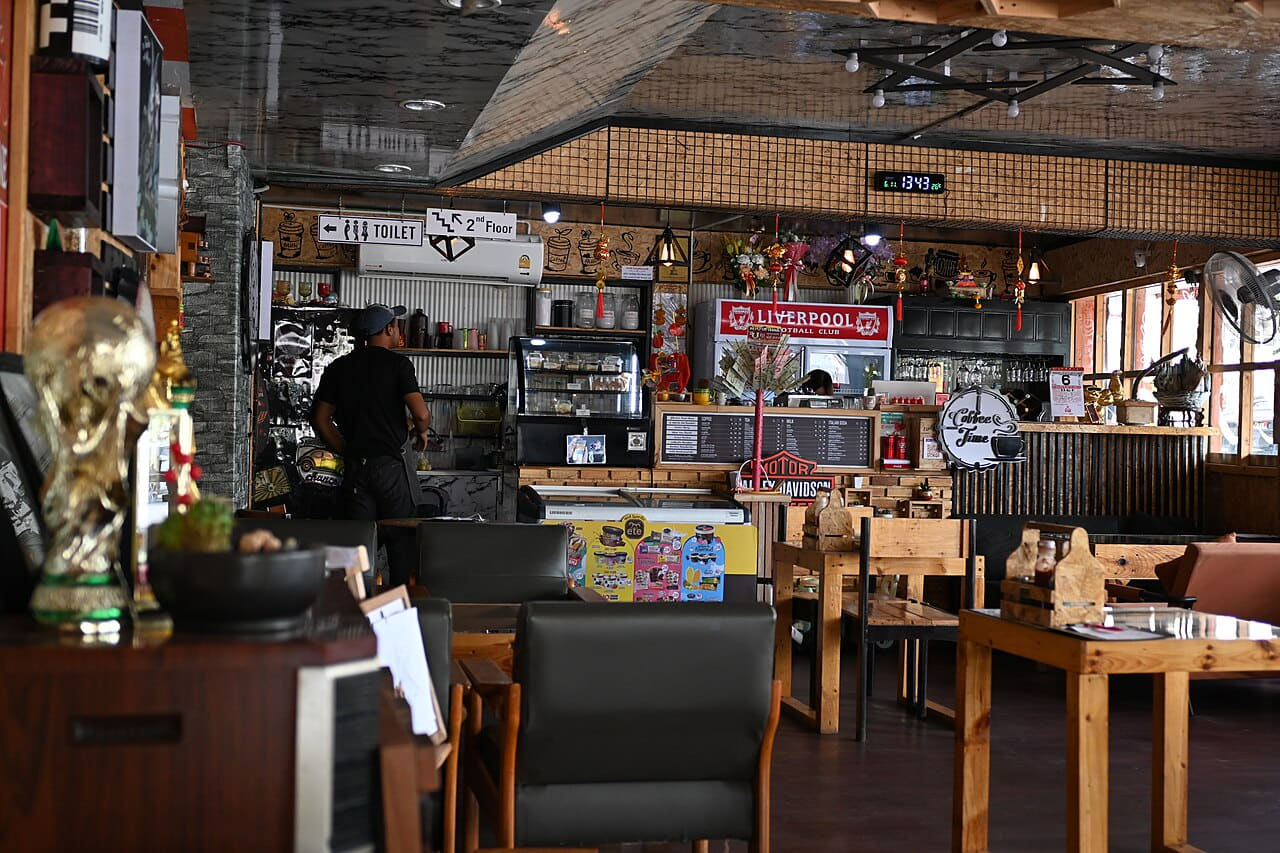 DFC 3014 Cozy eclectic café interior with wooden… wallpaper in near-black and charcoal tones, Full HD, 4:3 format for phone