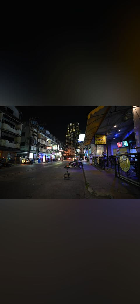 Quiet night on a neon-lit street - empty stools… wallpaper in near-black and near-black tones, Full HD, 4:3 format for desktop