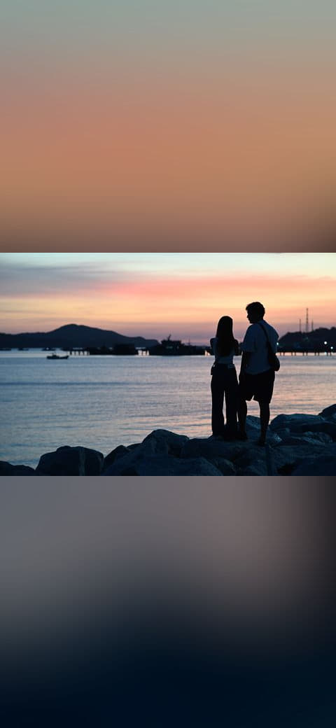 Fondo de pantalla DZ6 1885 A couple stands on rocky shore silhouetted… en tonos casi negro y verde salvia, Full HD, formato 4:3 para móvil