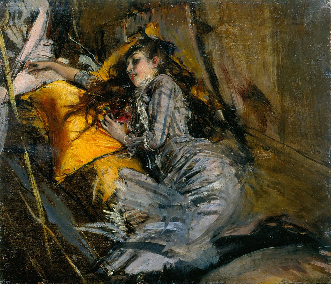 Girl lying down in plaid dress , by Giovanni Boldini wallpaper in charcoal and near-black tones, Full HD, 4:3 format for phone