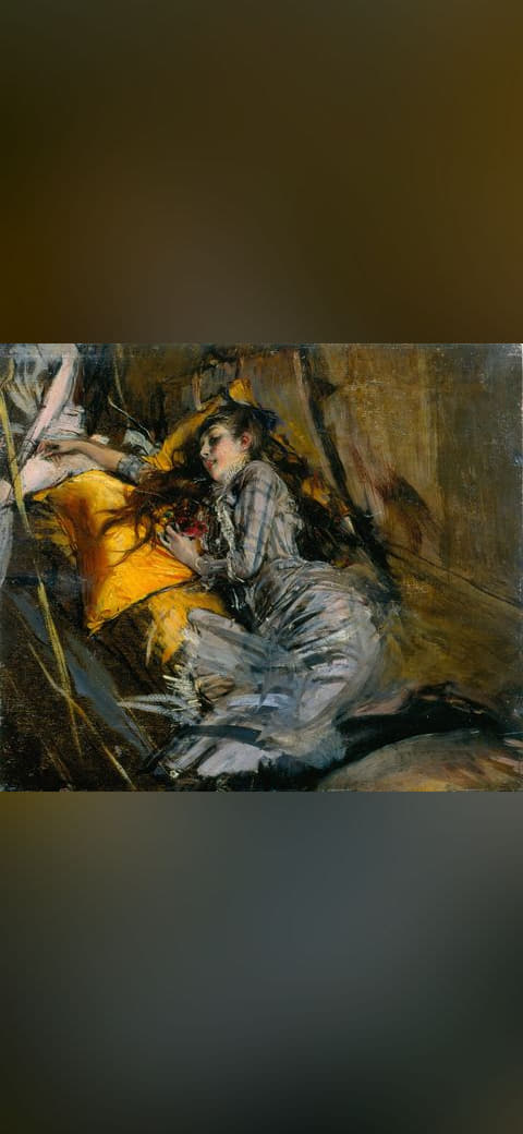 Fondo de pantalla Girl lying down in plaid dress , by Giovanni Boldini en tonos charcoal y near-black, Full HD, formato 4:3 para móvil