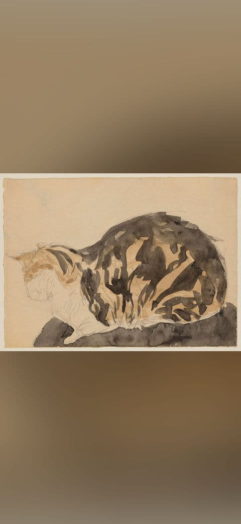 Fondo de pantalla Gwen John - Cat lying down, NMW A 15588 en tonos sand y olive, Full HD, formato 4:3 para móvil