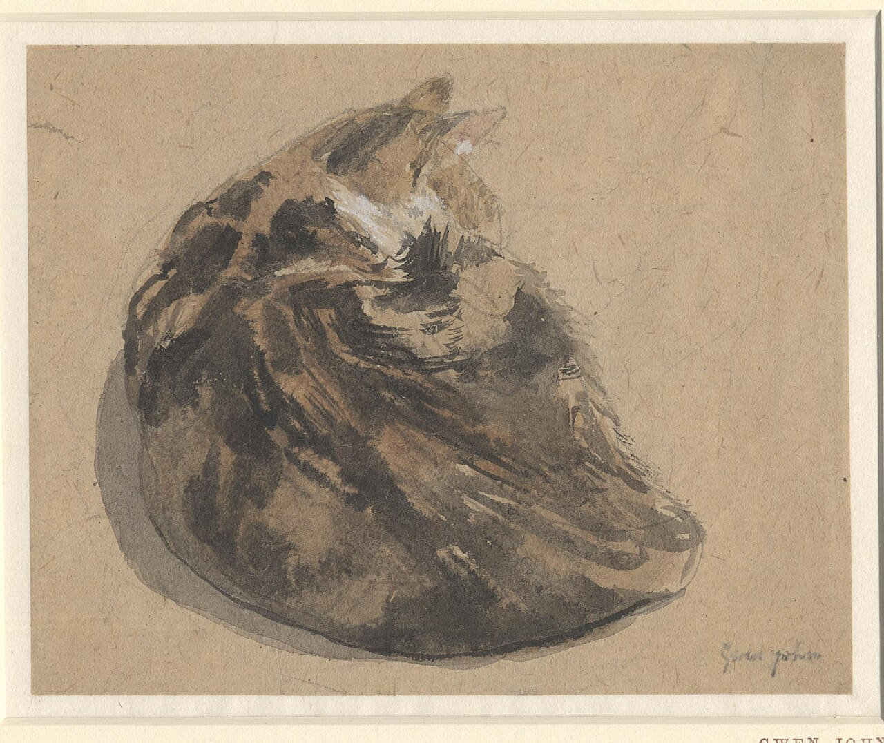 Gwen John - Sleeping tortoiseshell cat; seen from… wallpaper in sand and lavender tones, Full HD, 4:3 format for phone