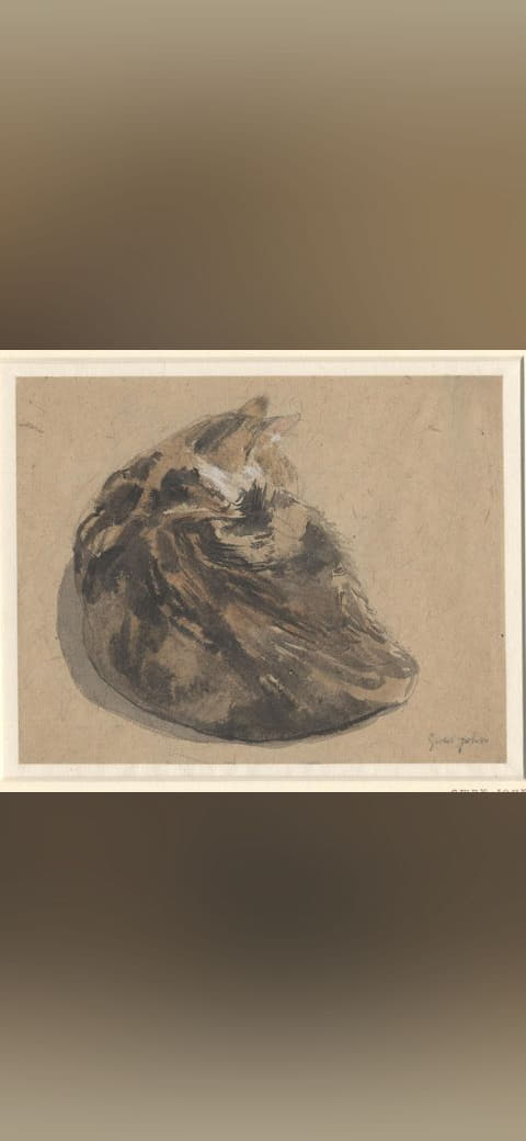 Fondo de pantalla Gwen John - Sleeping tortoiseshell cat; seen from… en tonos sand y lavender, Full HD, formato 4:3 para móvil