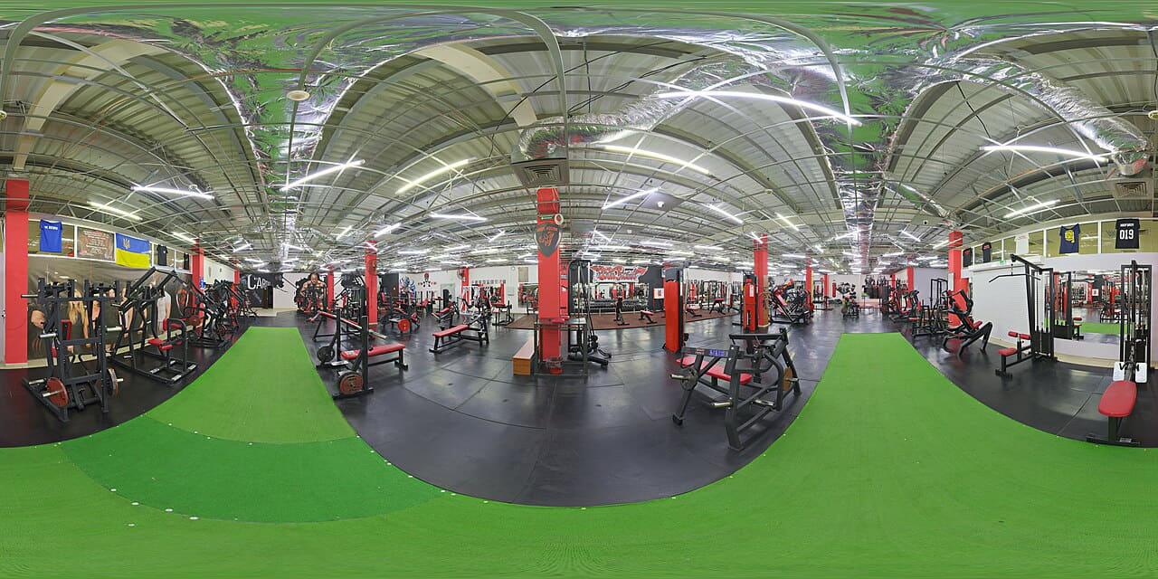 Gym 01 16k – Panorama wallpaper in olive and slate tones, Full HD, 16:9 format for phone