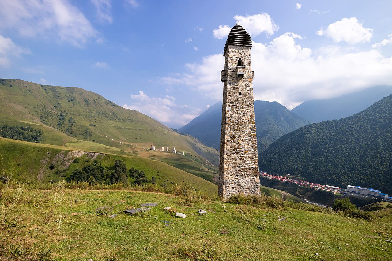 Ingushetia, Russia, Armkhi, Ingush tower wallpaper in olive and sage green tones, Full HD, 4:3 format for desktop
