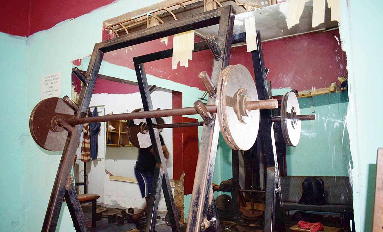 Local Gym equipment wallpaper in sky blue and near-black tones, Full HD, 16:9 format for phone