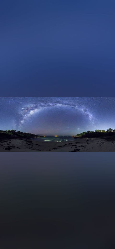 Milky way panorama at fishermans bay wallpaper in steel blue and near-black tones, Full HD, 21:9 format for phone
