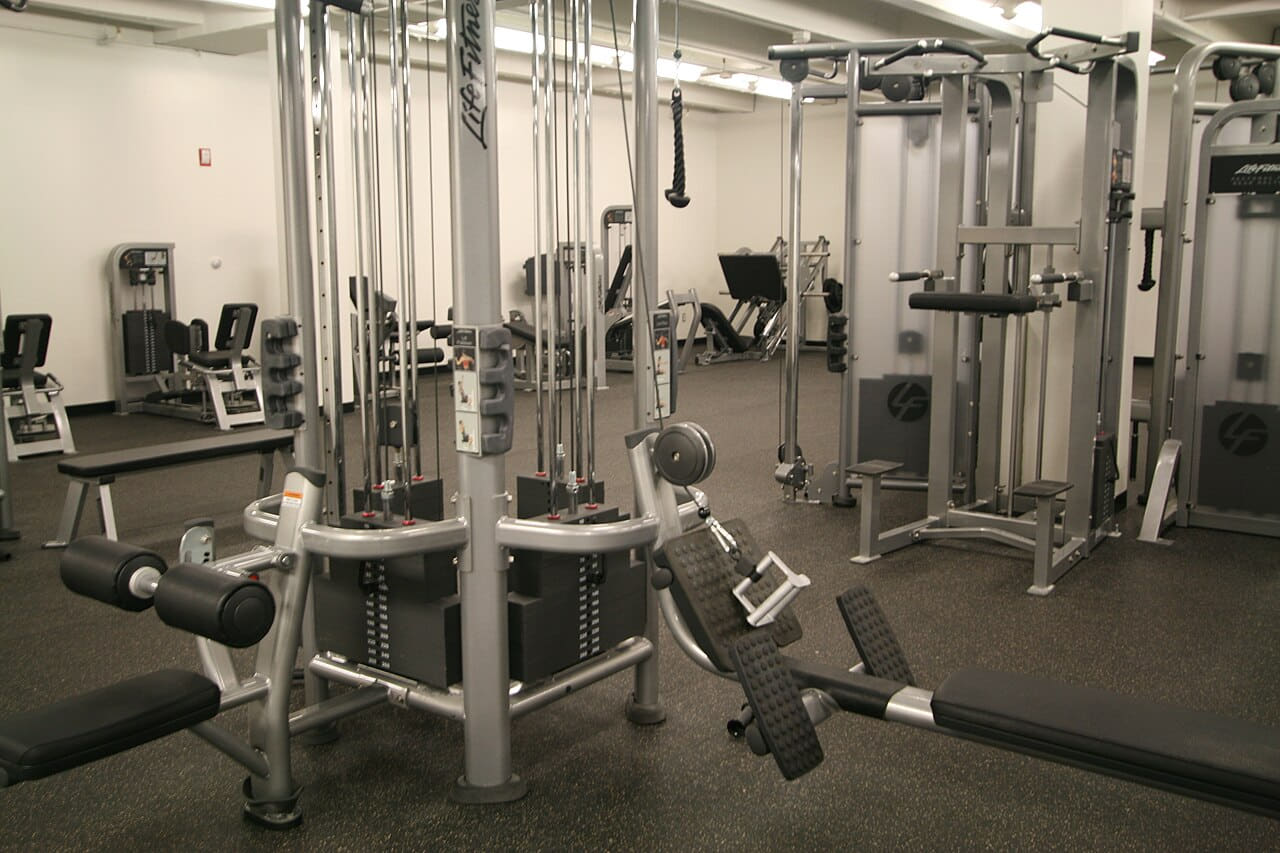 Multifunctional cable and row machines in a gym wallpaper in charcoal and charcoal tones, Full HD, 4:3 format for phone