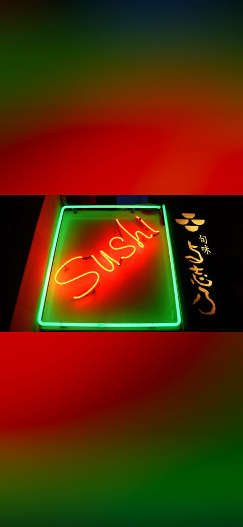 Neon Sign Sushi wallpaper in near-black and crimson tones, Full HD, 16:9 format for phone