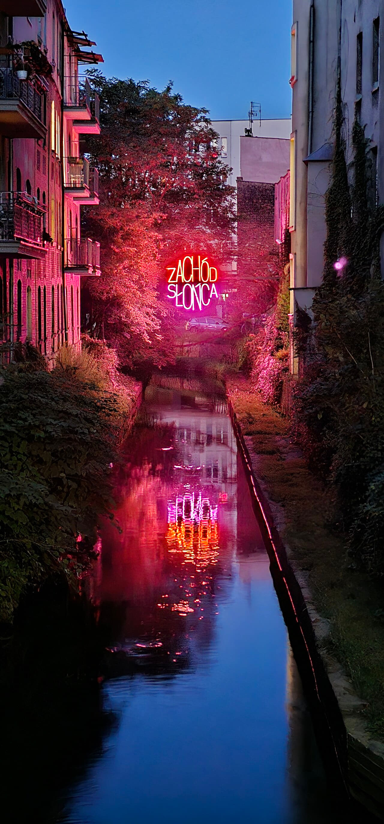 Neon sunset sign hanging over a river in Katowice wallpaper in near-black and near-black tones, HD, 9:16 format for desktop