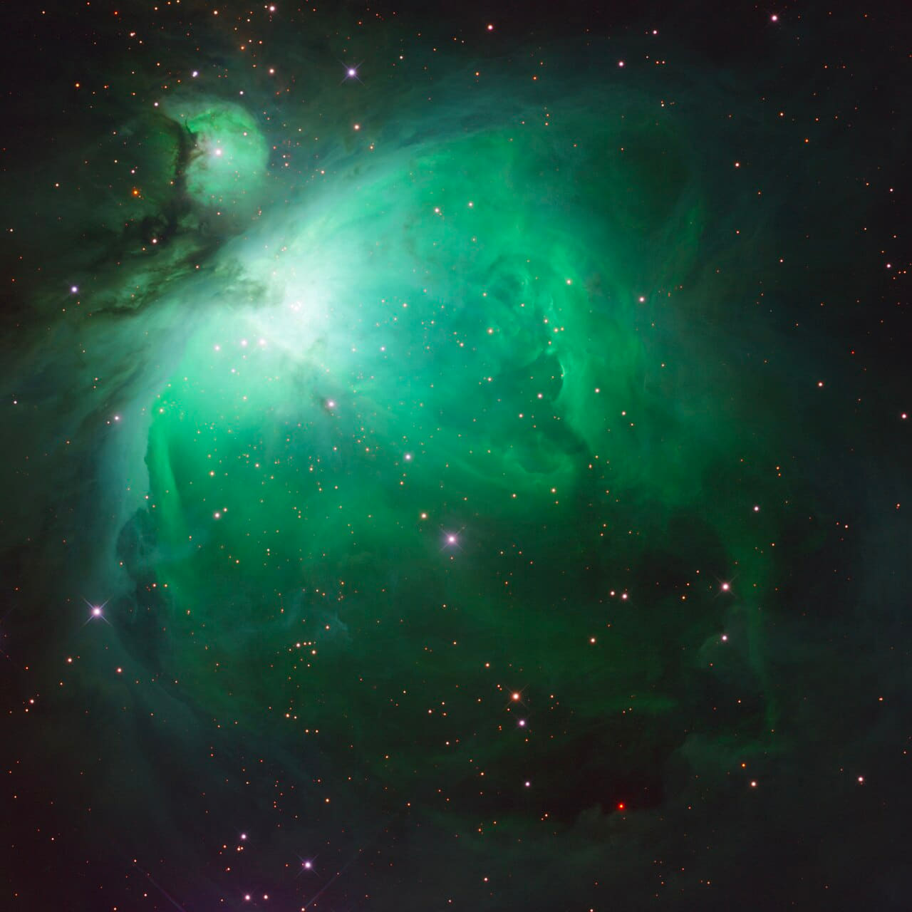 Fondo de pantalla Orion Nebula, HaIRG+B, 2x2 mosaic en tonos near-black y deep green, Full HD, formato 1:1 para PC