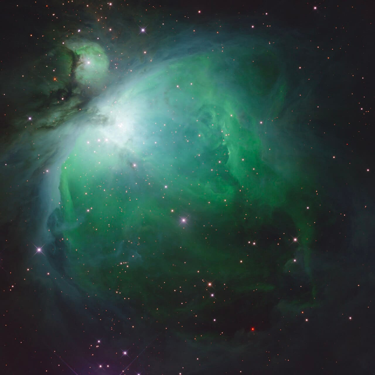 Fondo de pantalla Orion Nebula multiband 2x2 mosaic - IR en tonos near-black y deep green, Full HD, formato 1:1 para PC