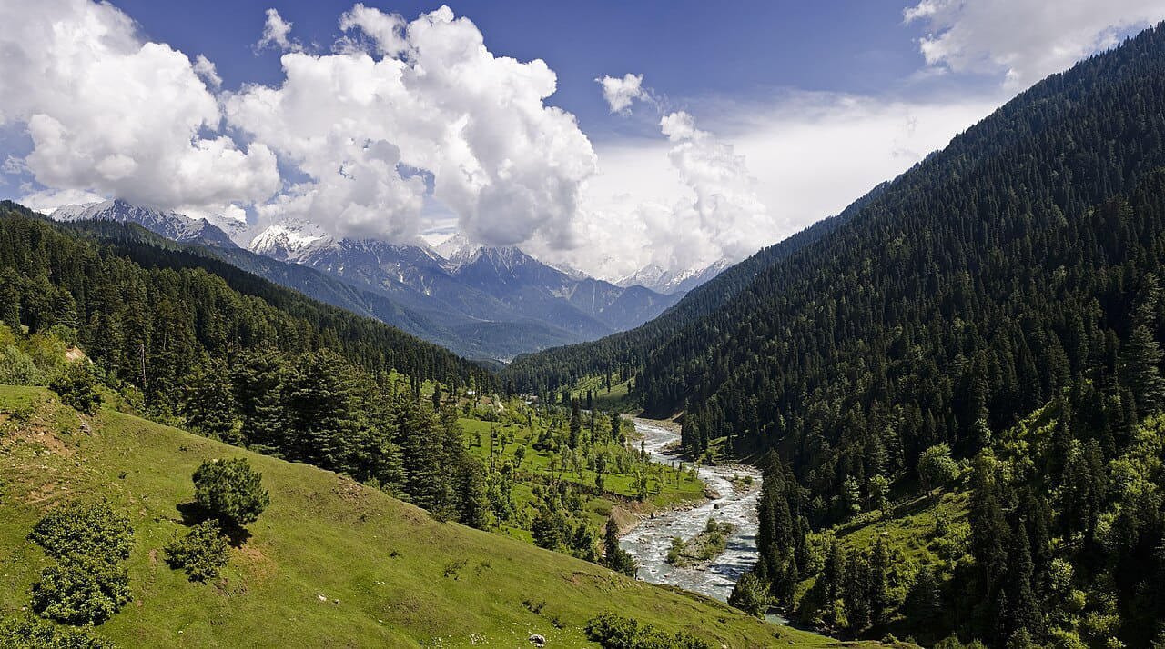 Pahalgam Valley wallpaper in near-black and lavender tones, Full HD, 16:9 format for desktop