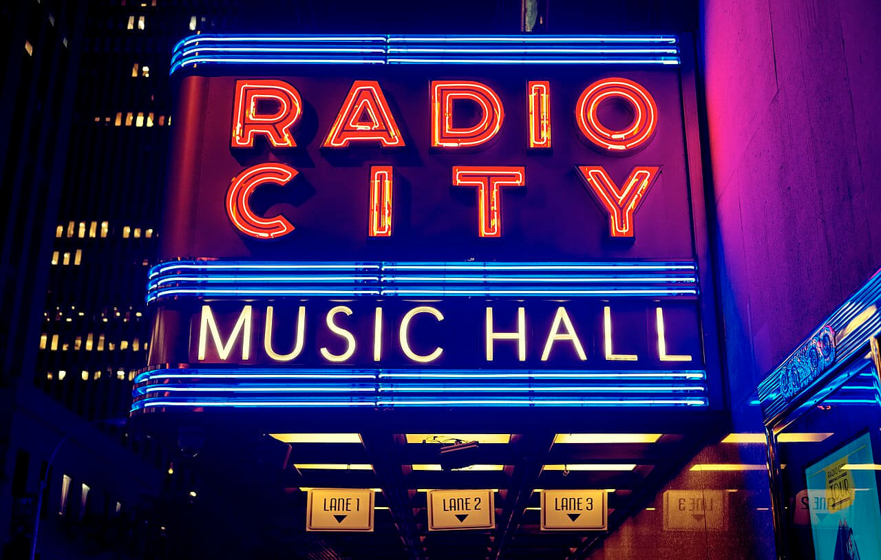 Radio City Music Hall neon wallpaper in near-black and near-black tones, Full HD, 16:9 format for desktop