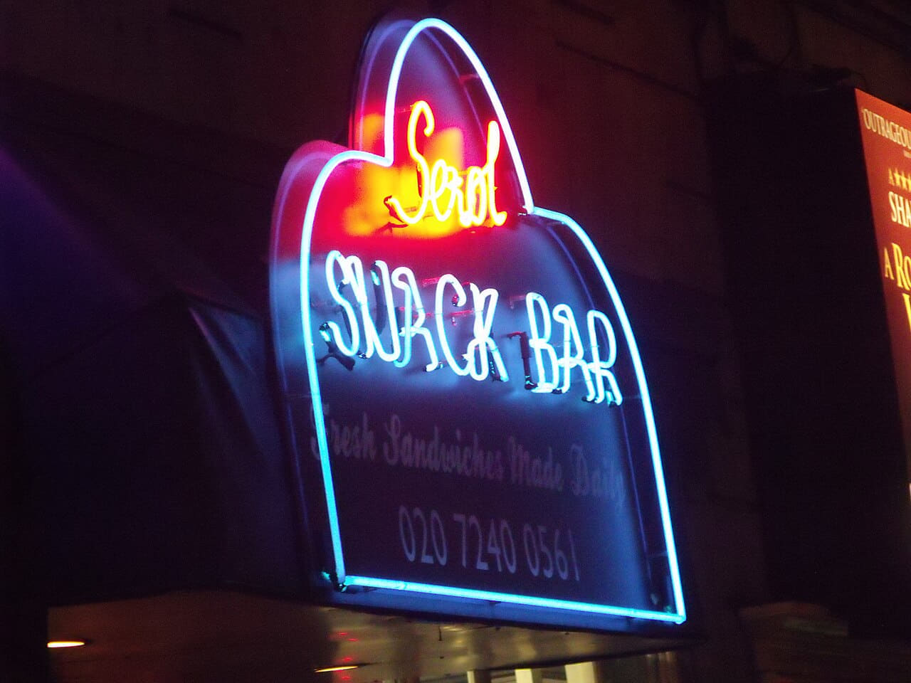 Snack Bar - Aldwych, London - Neon signs 2 wallpaper in near-black and near-black tones, Full HD, 4:3 format for desktop