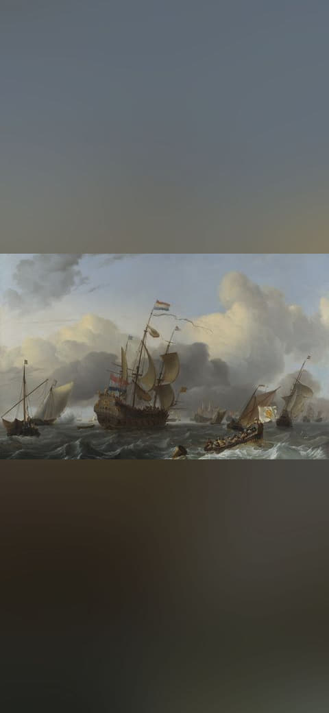Fondo de pantalla The Eendracht and a Fleet of Dutch Men-of-war en tonos sage green y slate, Full HD, formato 16:9 para móvil