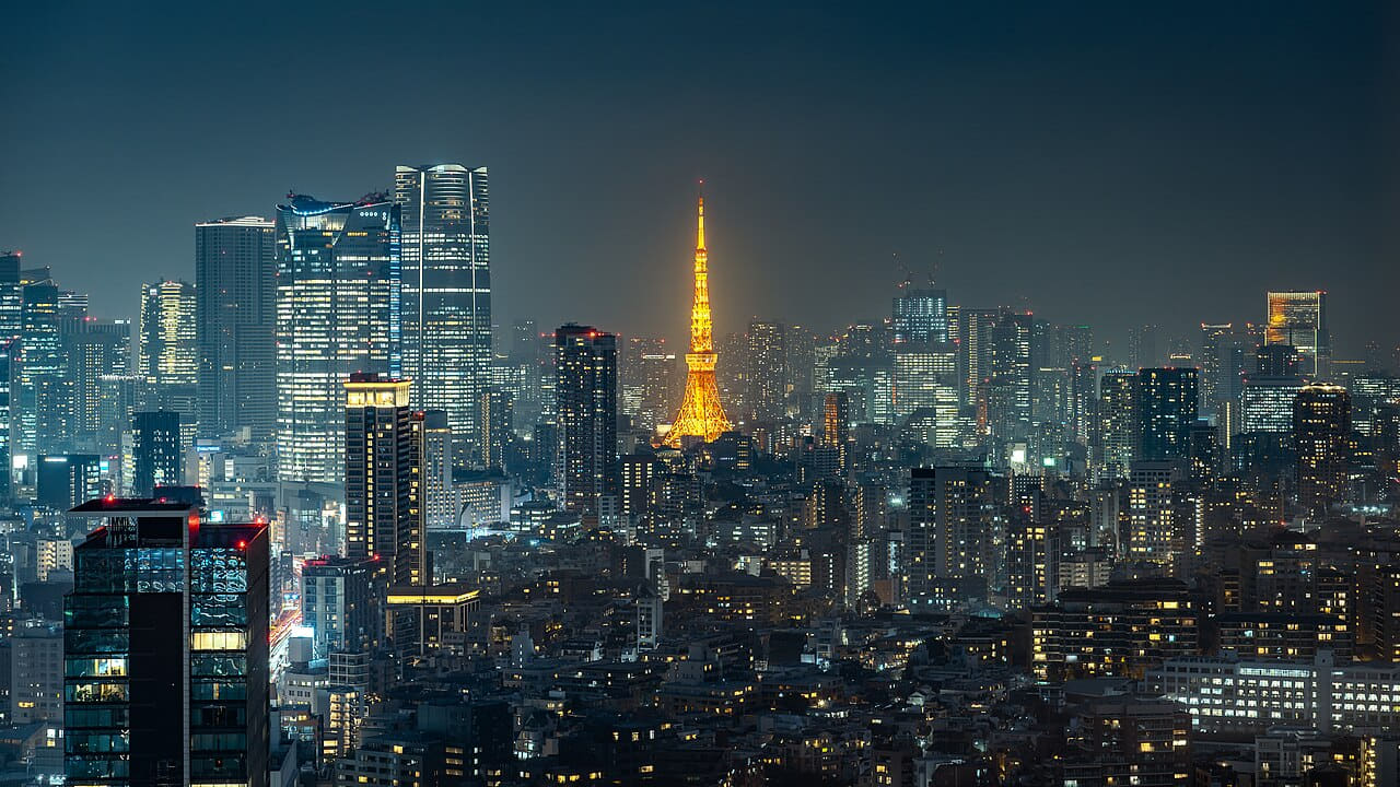 Fondo de pantalla Tokyo Tower, Minato City en tonos carbón y carbón, Full HD, formato 16:9 para PC